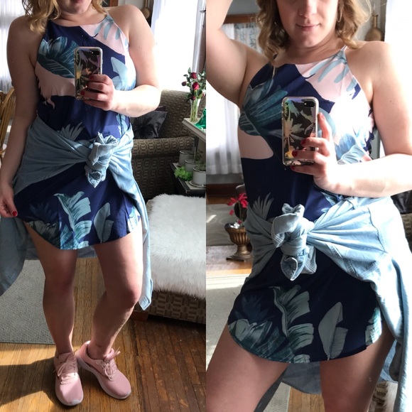 Adorbs Short Blue Palm Floral Vacation Style Dress - Picture 2 of 7